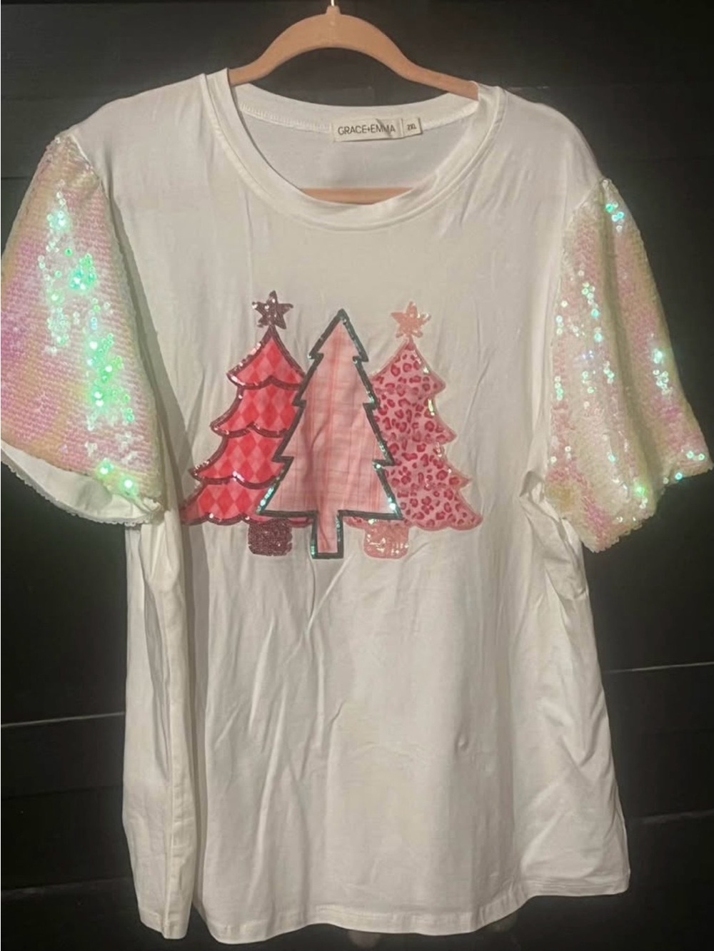 Women’s White Tee with Pink Sequin Sleeve & Christmas Tree Graphic NWOT